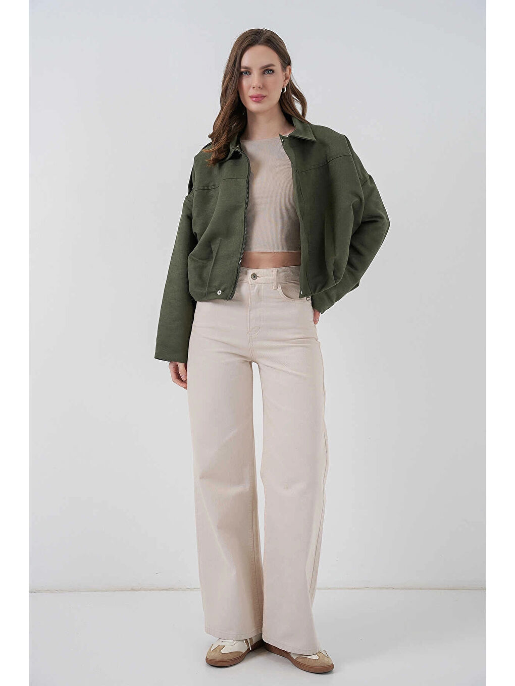 Kadın Yeşil Oversize Fermuar ve Çıt Çıt Kapamalı Cepsiz Süet Deri Ceket HZL25W-BD107301-2