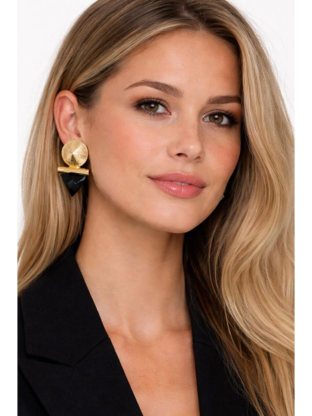 Sarı Gold Detaylı Siyah Taşlı Geometrik Küpe-4