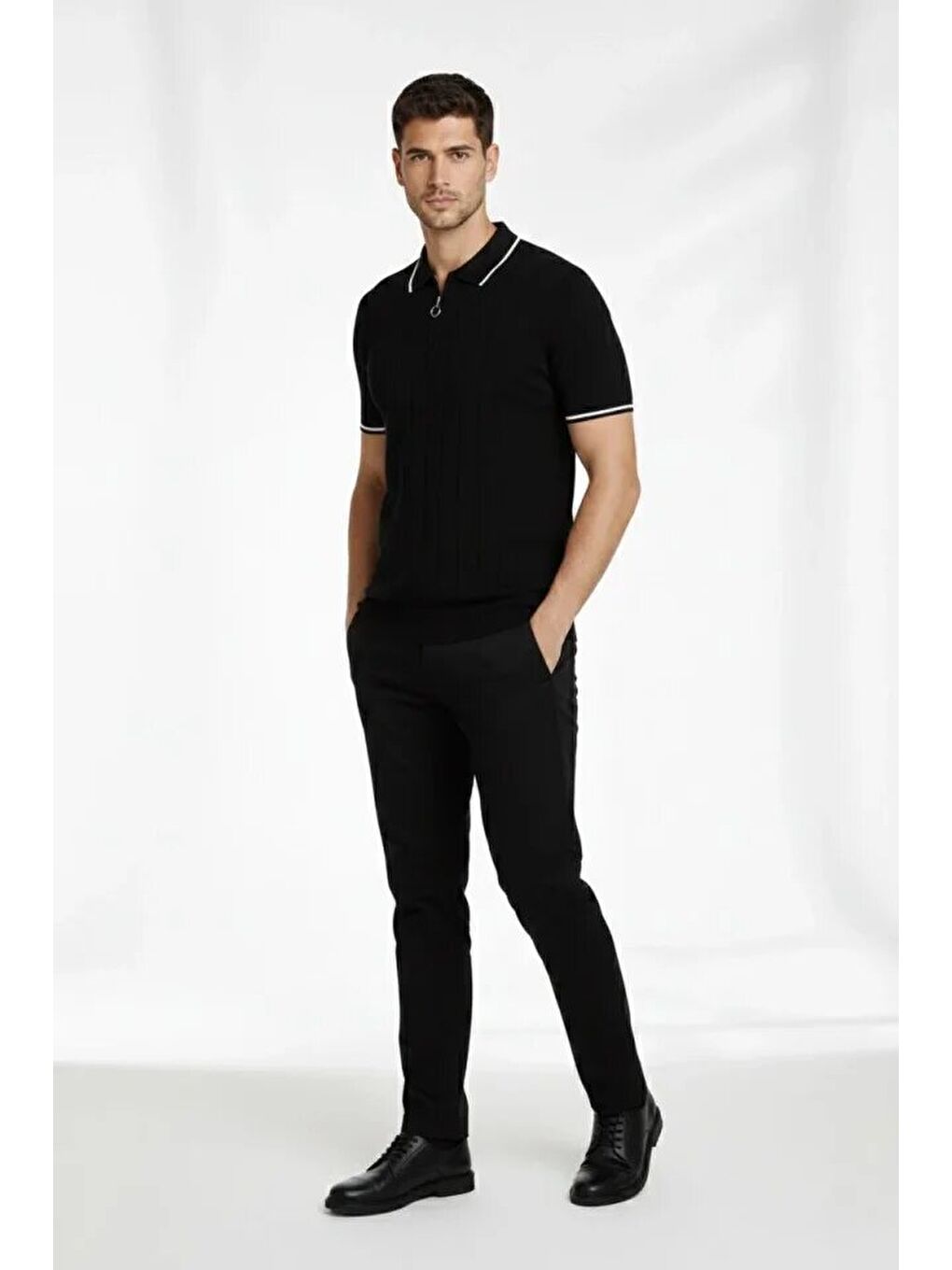 Siyah Erkek Fermuarlı Yaka Fitilli Triko Kısa Kollu Regular Fit Tişört-1