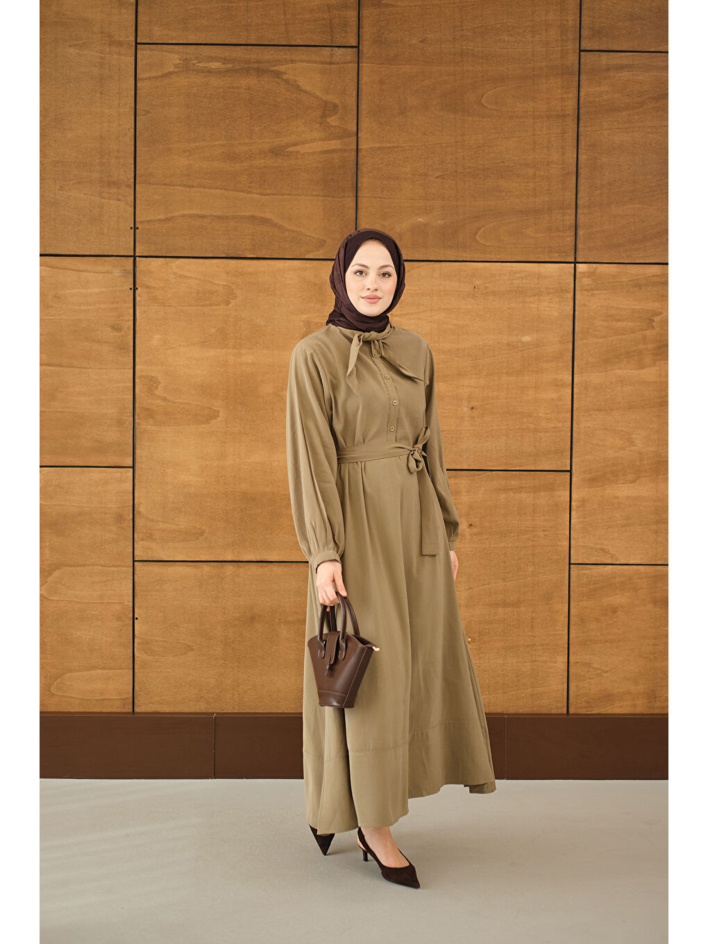 Kadın Fular Yaka Detaylı Nervürlü Modal Elbise Küf Yeşil-4