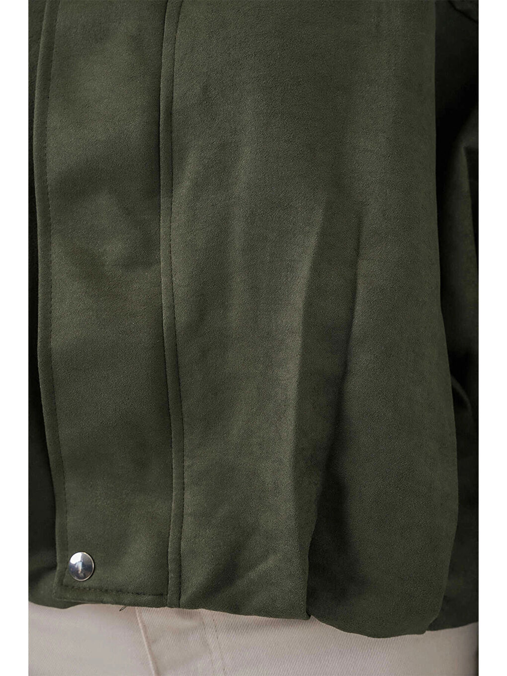 Kadın Yeşil Oversize Fermuar ve Çıt Çıt Kapamalı Cepsiz Süet Deri Ceket HZL25W-BD107301-3