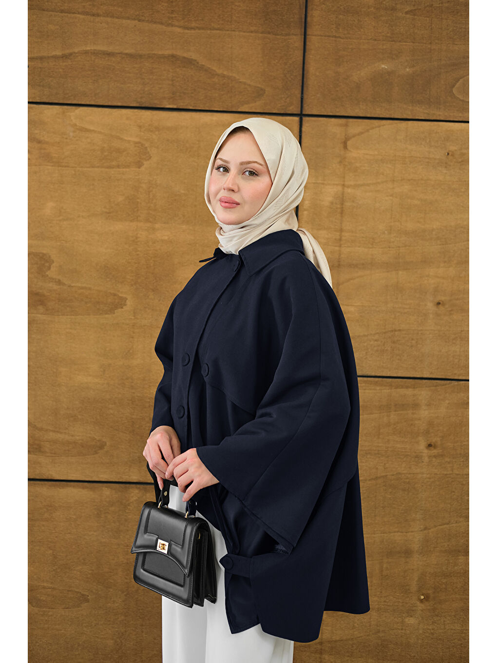 Kadın Gömlek Yaka Düğmeli Astarlı Oversize Gabardin Panço Trenç Lacivert-4