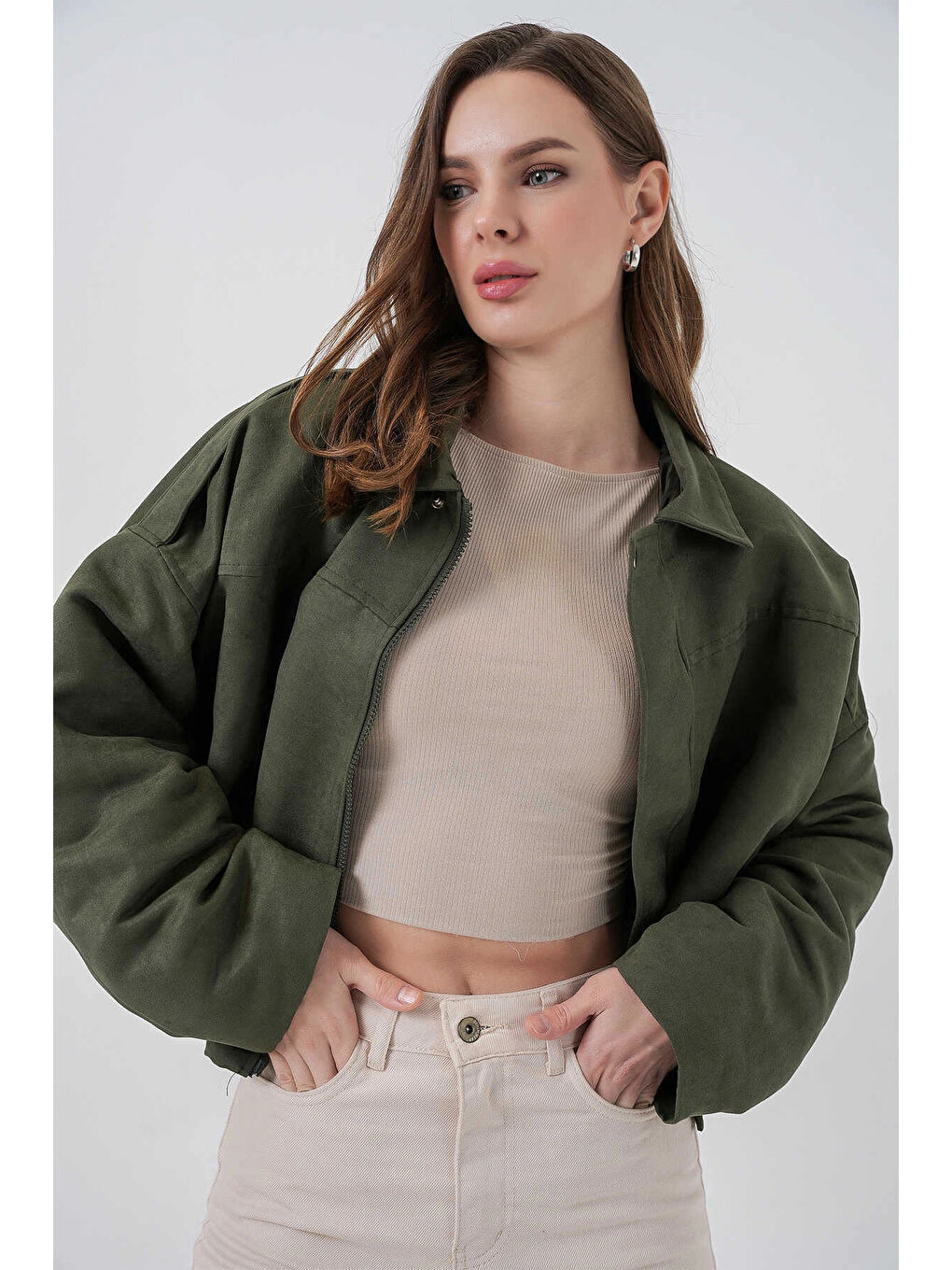 Kadın Yeşil Oversize Fermuar ve Çıt Çıt Kapamalı Cepsiz Süet Deri Ceket HZL25W-BD107301-4