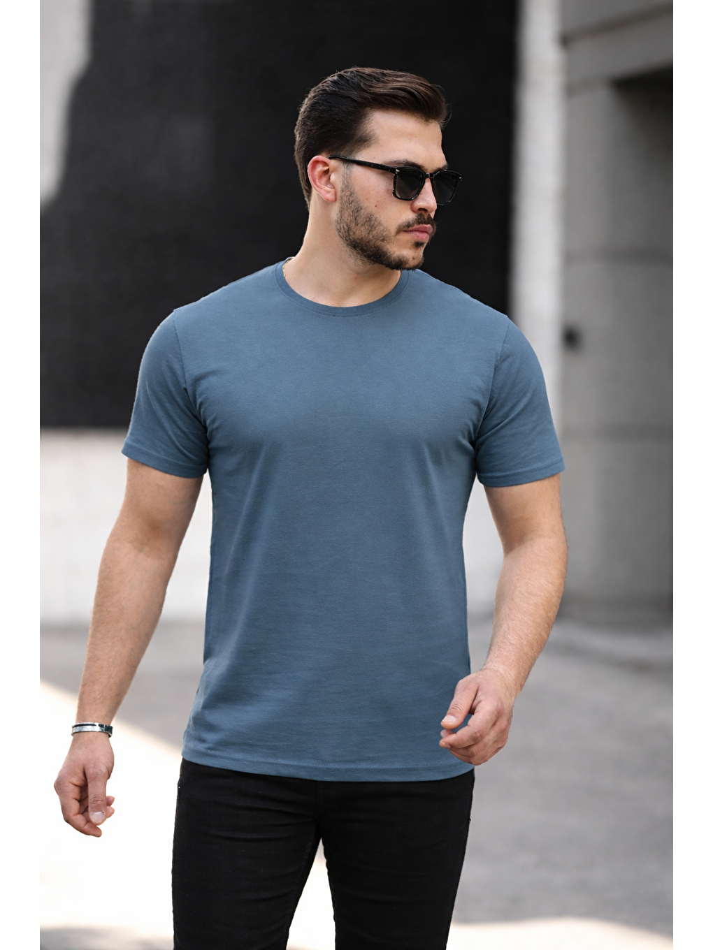 Gri Erkek Basic Bisiklet Yaka Kısa Kollu Dar F.Mavi Tişört