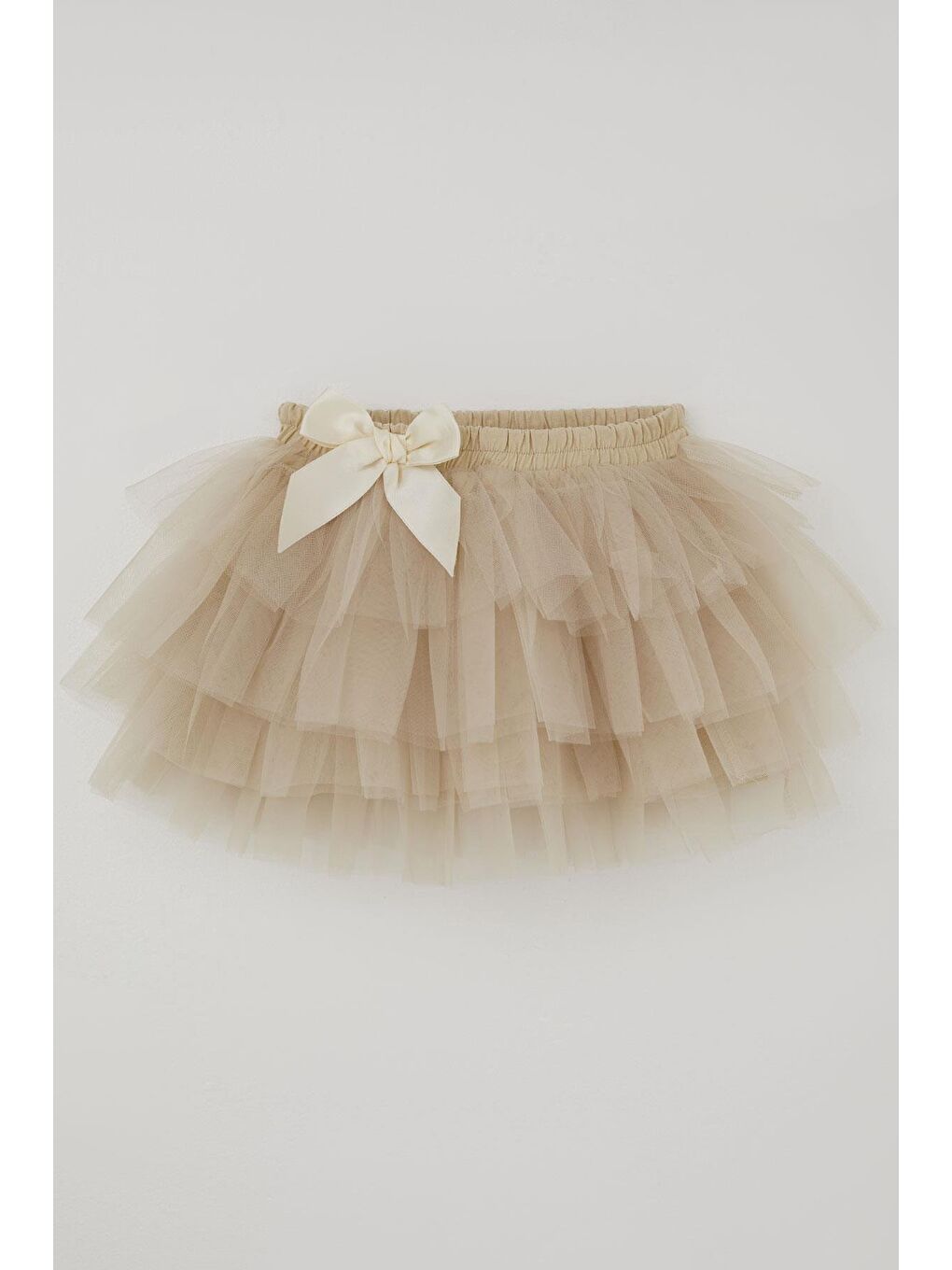 Kız Çocuk Tütü Etek Tül Detaylı Katlı Fiyonk Aksesuarlı Bej (4-8 Yaş)