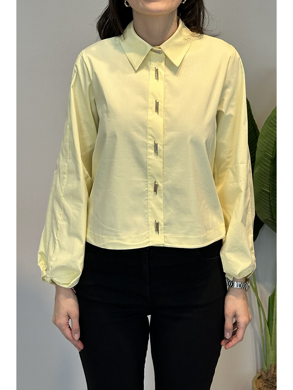 Birit Detaylı Poplin Gömlek 19556 Sarı-1