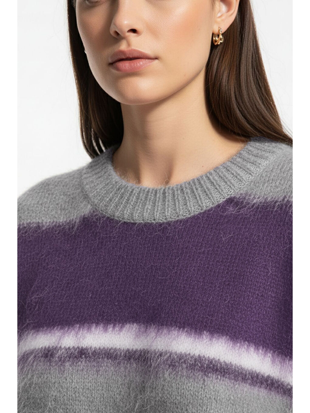 Oversize Yumuşak Doklu Gri Mor Çizgili Triko Kazak-2