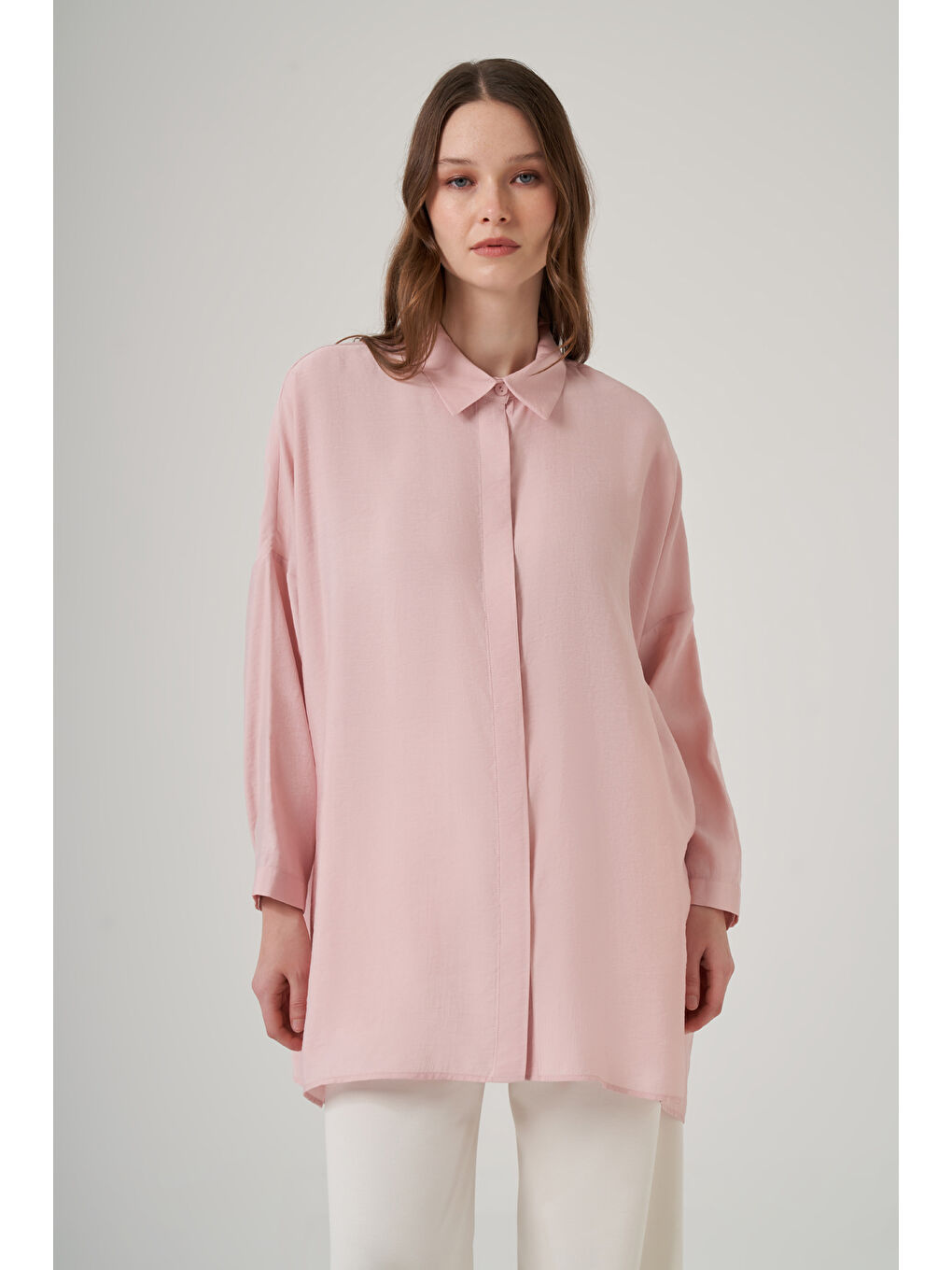 Pembe Oversize Basic Yazlık Gömlek 3001 Pudra