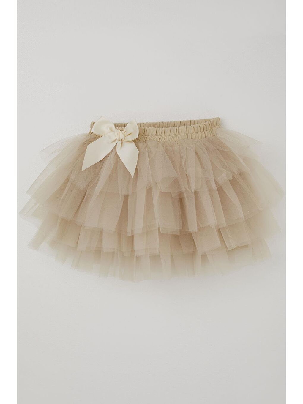 Kız Çocuk Tütü Etek Tül Detaylı Katlı Fiyonk Aksesuarlı Bej (4-8 Yaş)-2