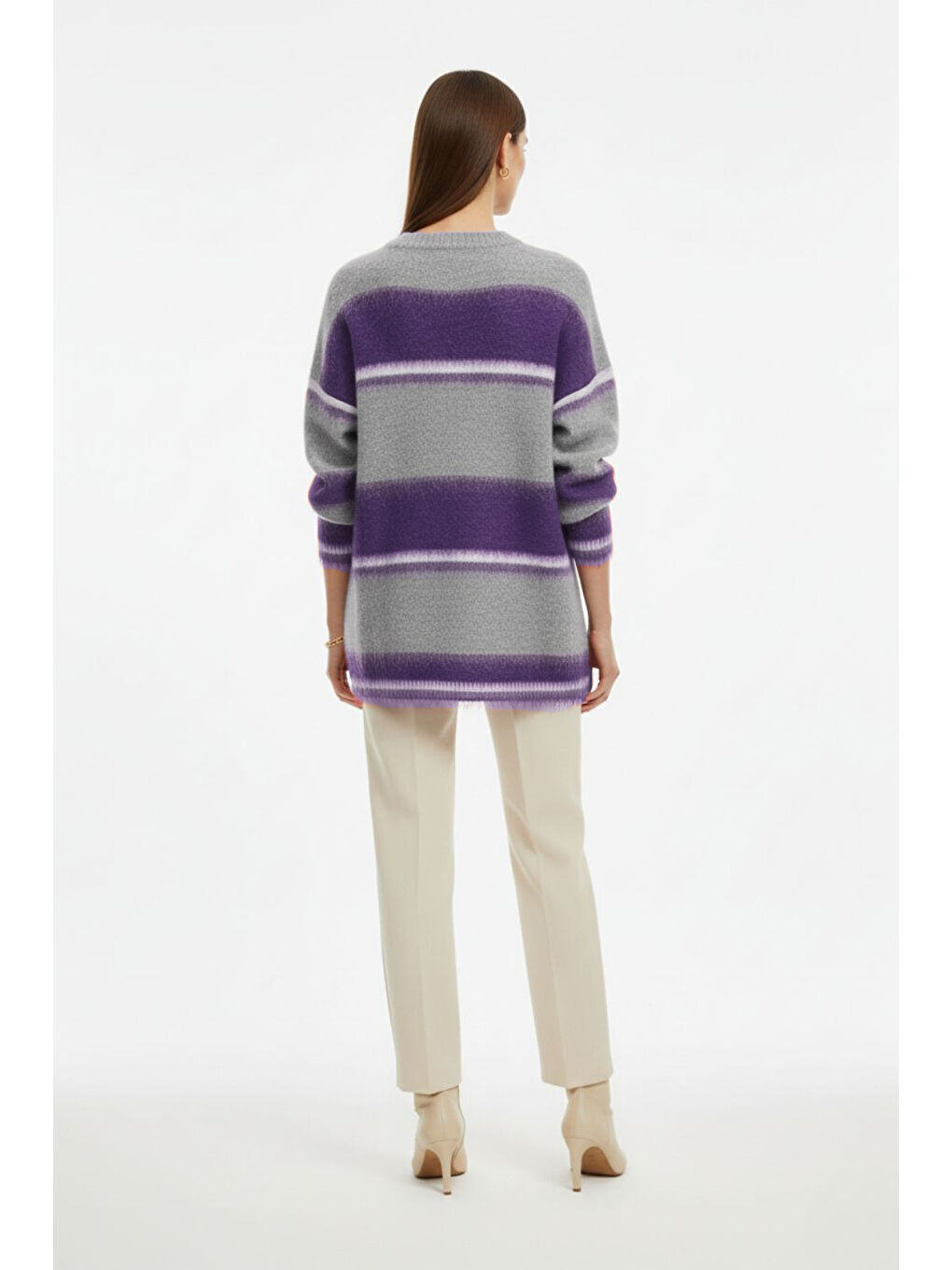 Oversize Yumuşak Doklu Gri Mor Çizgili Triko Kazak-3