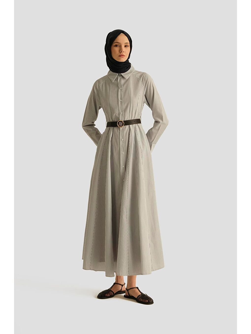 Beli Pensli Çizgili Elbise 25Y9026 Beyaz