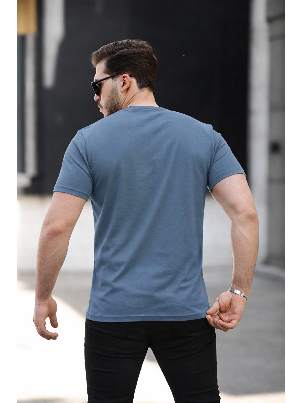 Gri Erkek Basic Bisiklet Yaka Kısa Kollu Dar F.Mavi Tişört-2