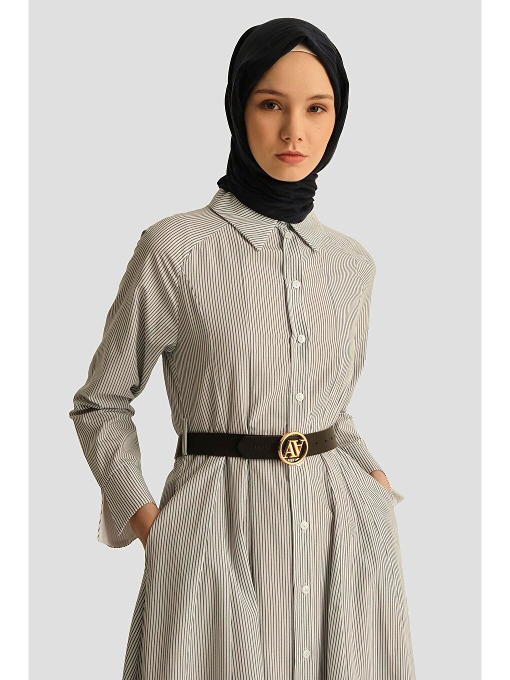 Beli Pensli Çizgili Elbise 25Y9026 Beyaz-1