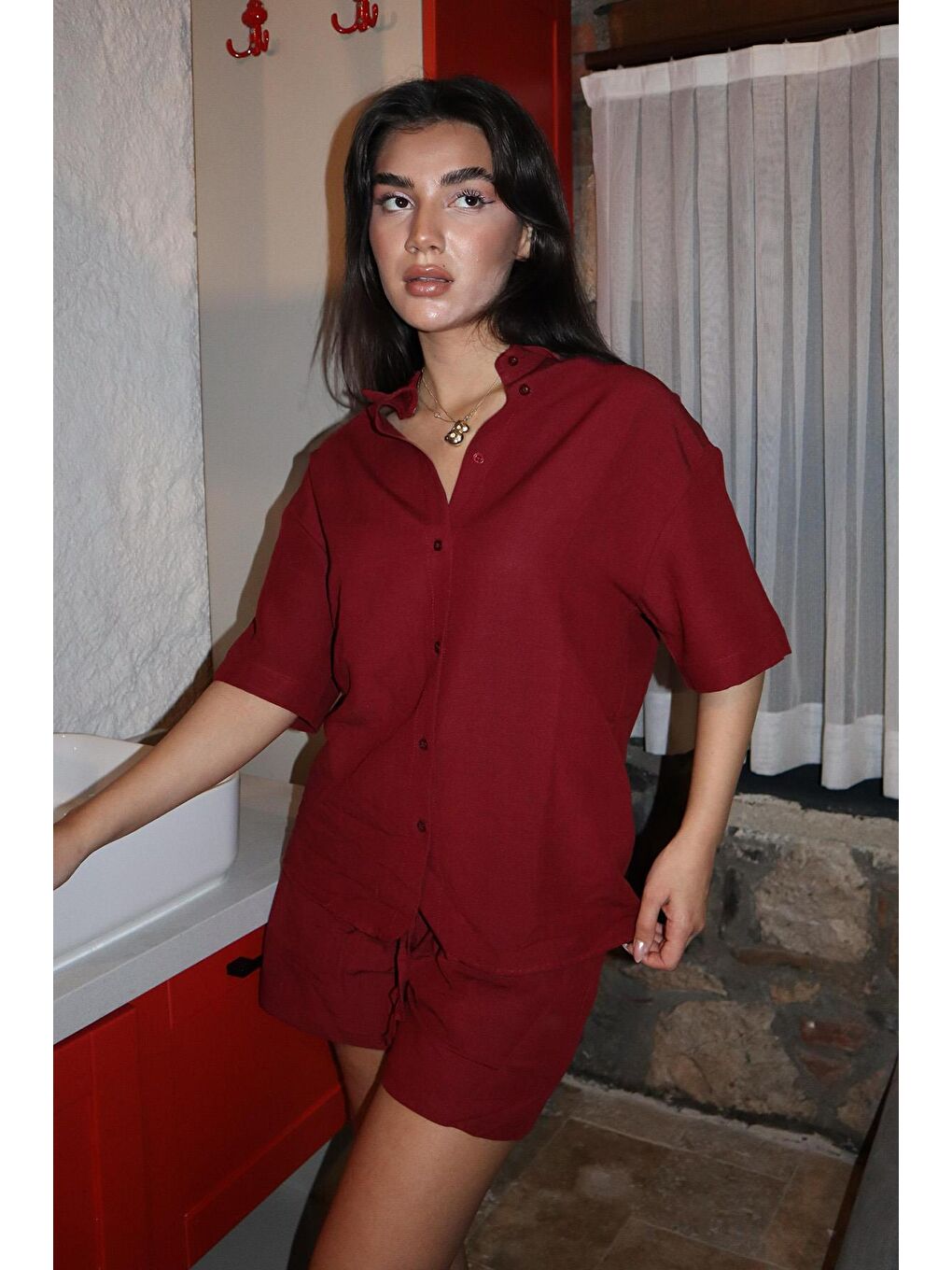 Bordo Basic Kadın Şort Gömlek Takım Mg2361-1
