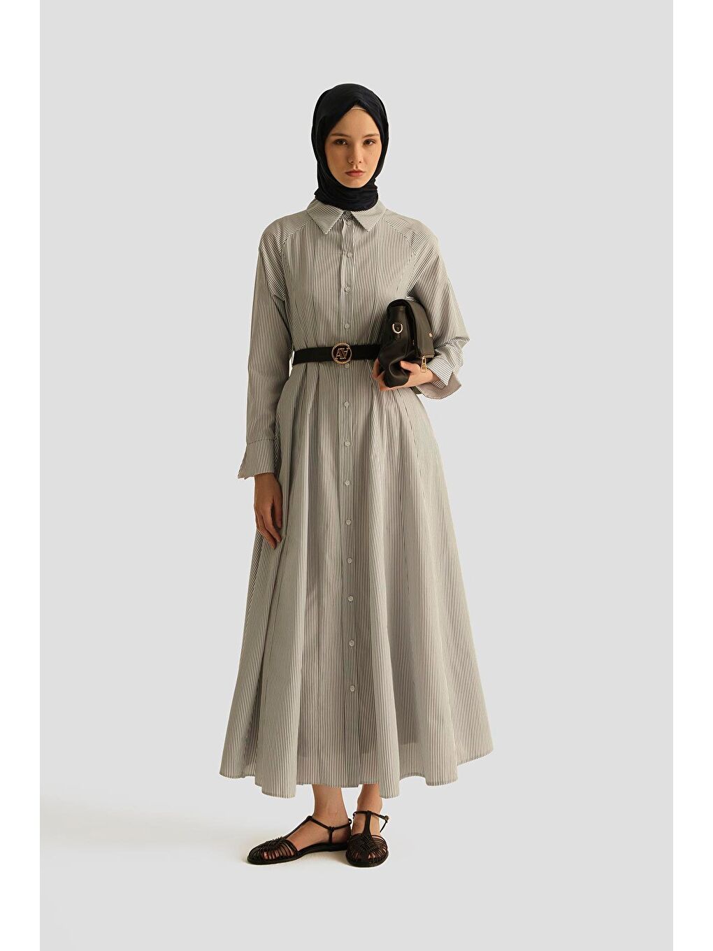 Beli Pensli Çizgili Elbise 25Y9026 Beyaz-2