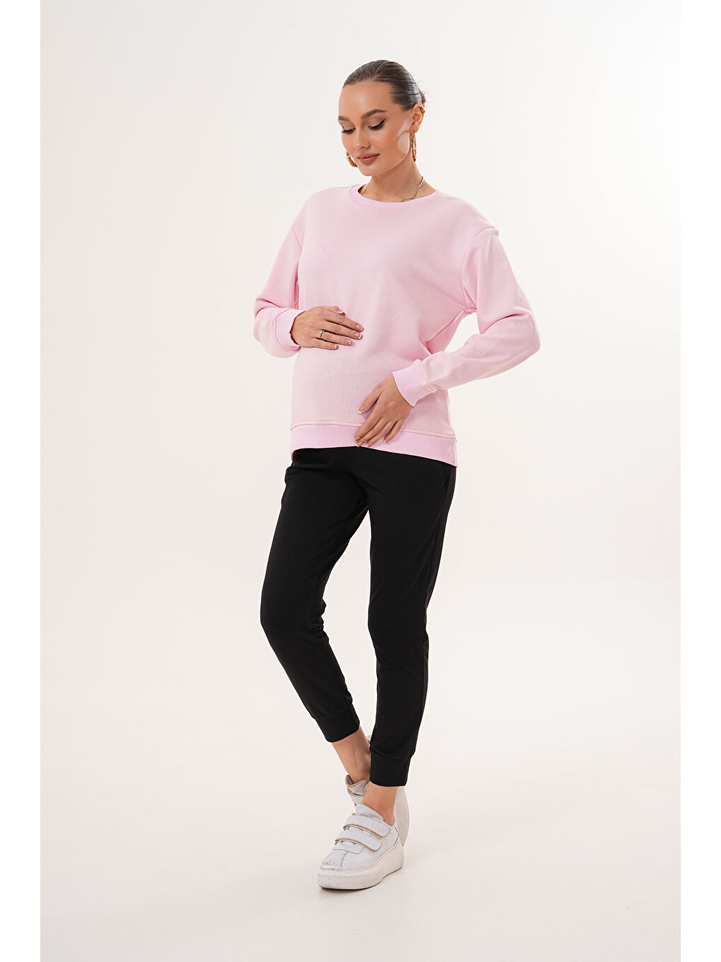 Pembe Bisiklet Yaka %100 Pamuk Hamile ve Lohusa Basic Sweatshirt