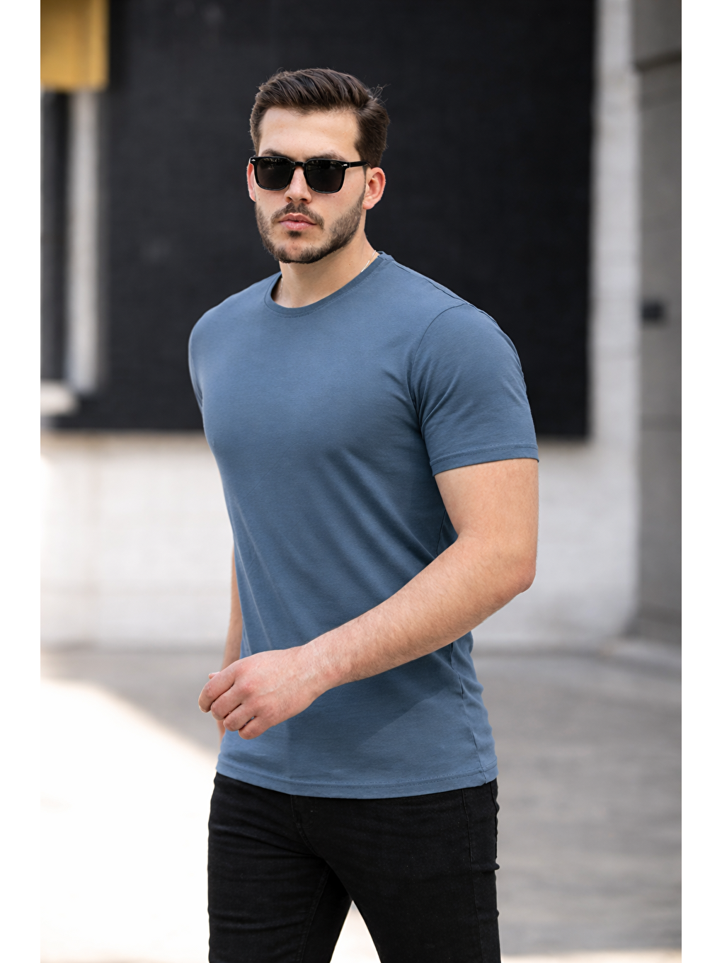 Gri Erkek Basic Bisiklet Yaka Kısa Kollu Dar F.Mavi Tişört-3