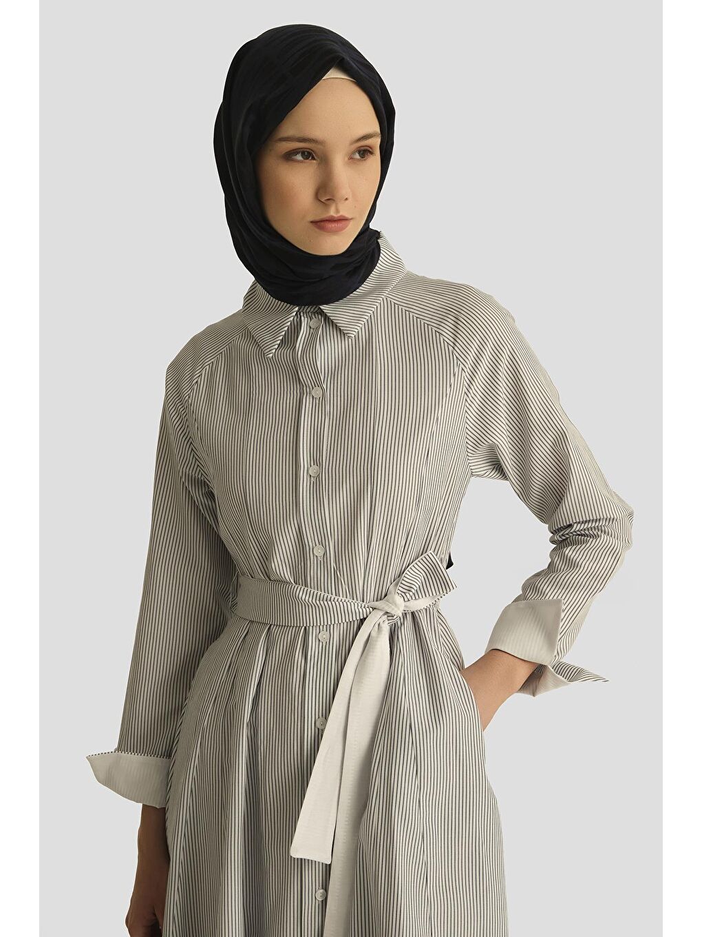 Beli Pensli Çizgili Elbise 25Y9026 Beyaz-3