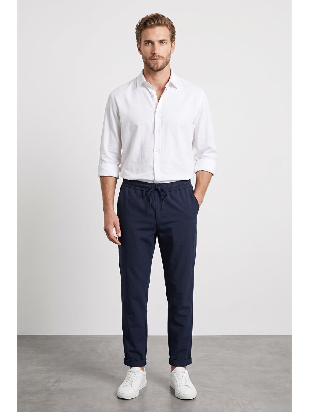 Lacivert Beli Lastikli Bağlamalı Duble Paça Pantolon-1