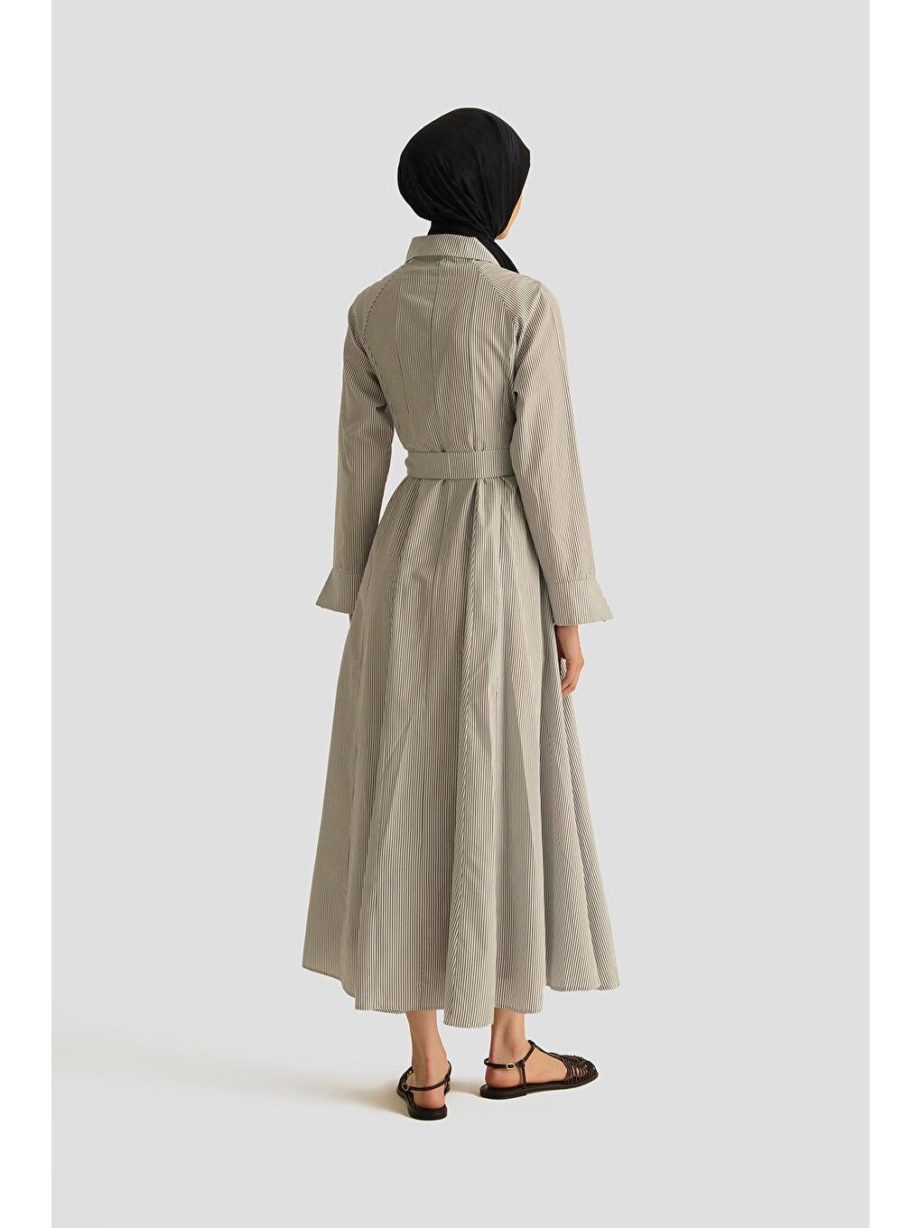 Beli Pensli Çizgili Elbise 25Y9026 Beyaz-4