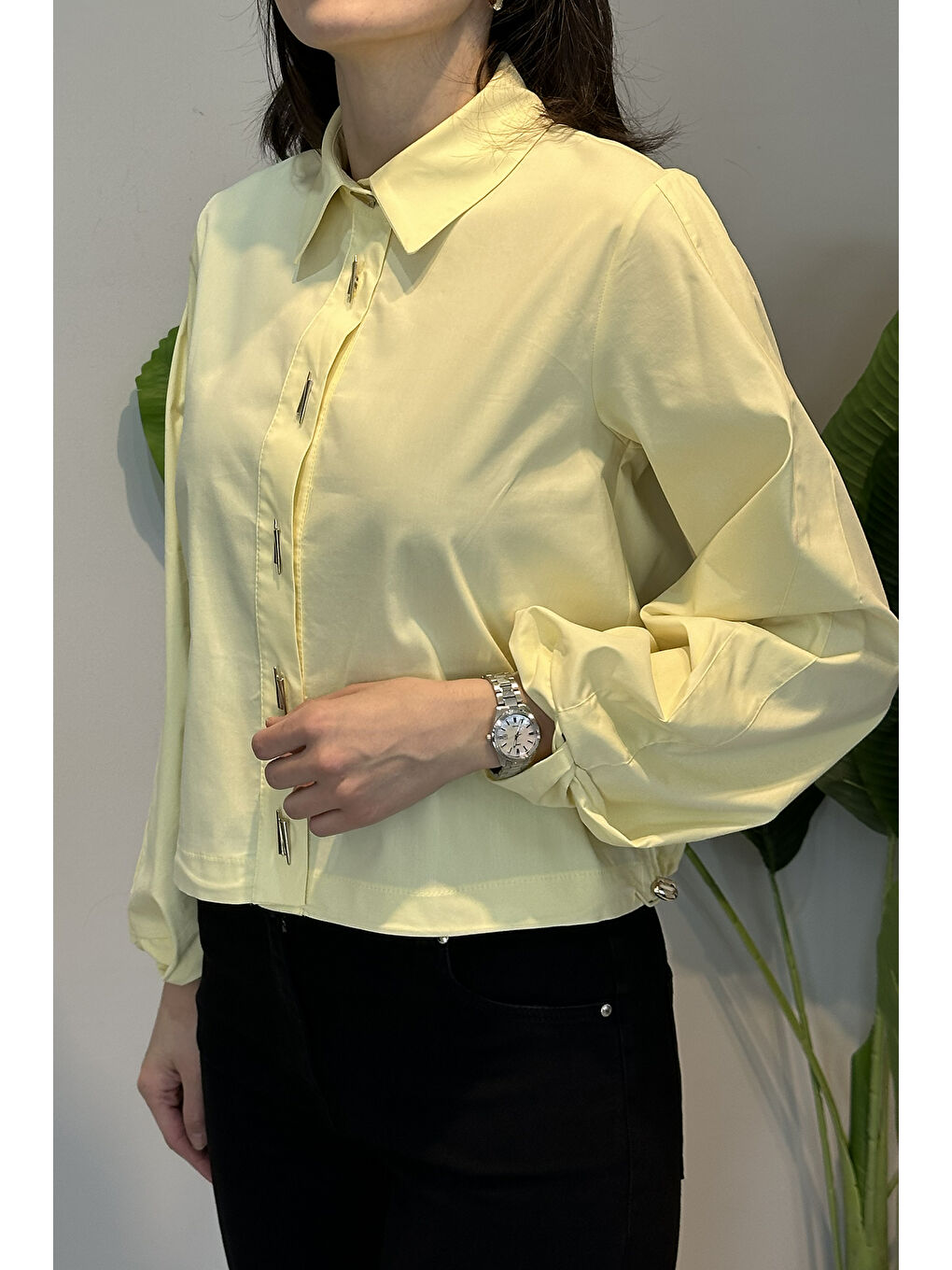 Birit Detaylı Poplin Gömlek 19556 Sarı-2