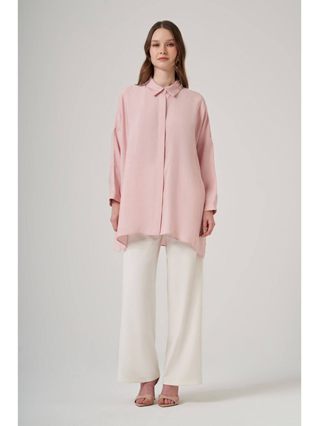 Pembe Oversize Basic Yazlık Gömlek 3001 Pudra-3