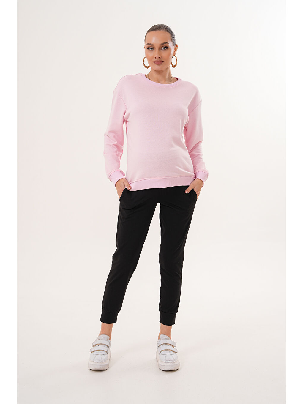 Pembe Bisiklet Yaka %100 Pamuk Hamile ve Lohusa Basic Sweatshirt-1