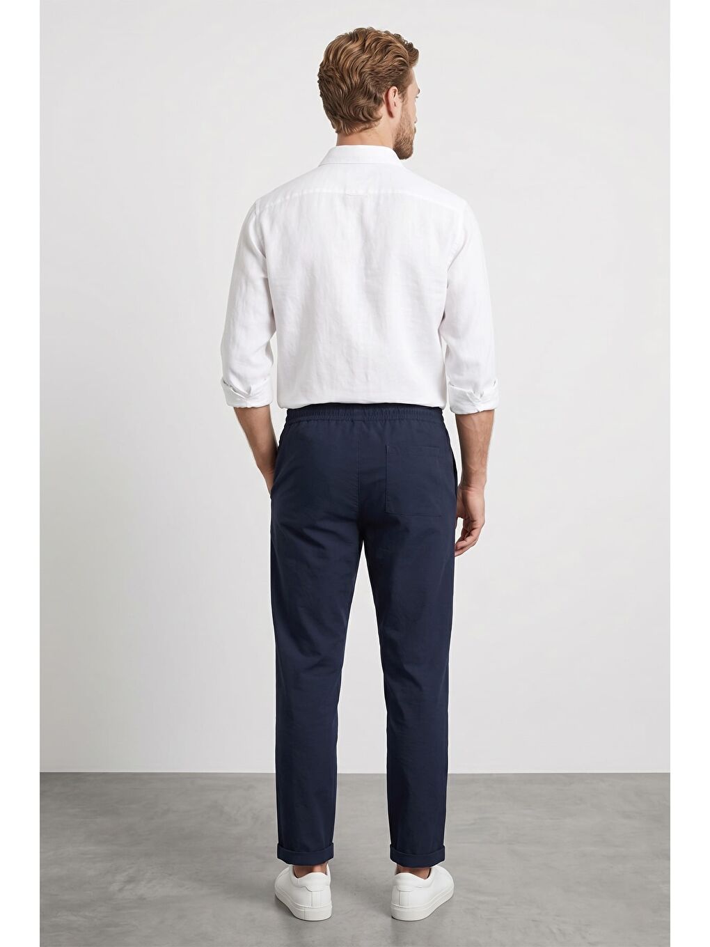 Lacivert Beli Lastikli Bağlamalı Duble Paça Pantolon-2