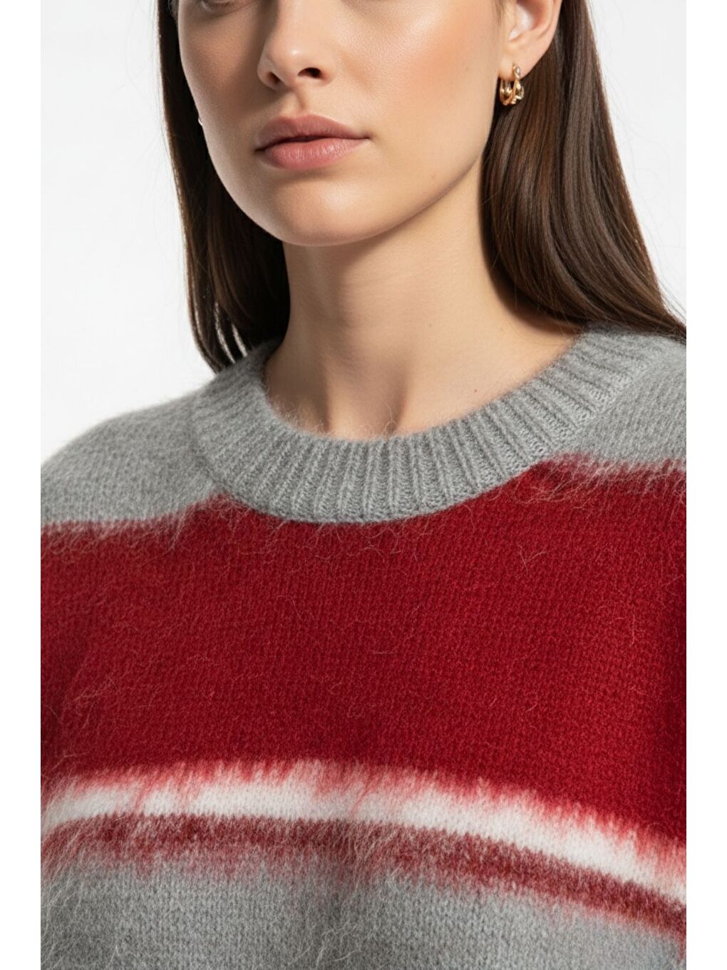 Oversize Yumuşak Doklu Gri Kırmızı Çizgili Triko Ka-3