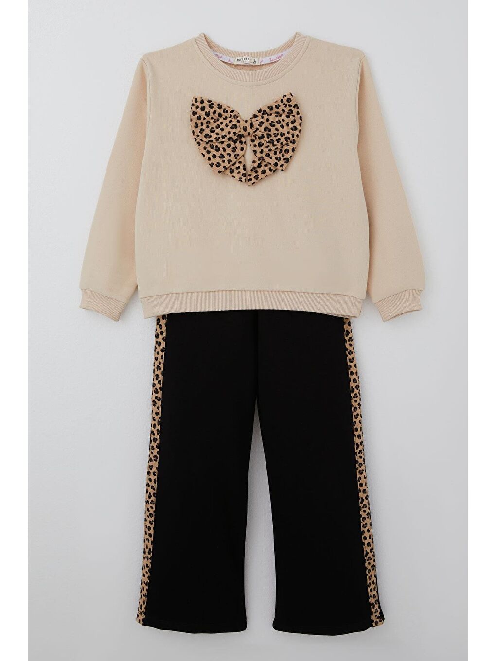 Ekru Kız Çocuk Eşofman Takımı Leopar Fiyonk Aksesuarlı Krem (5-9 Yaş)-1