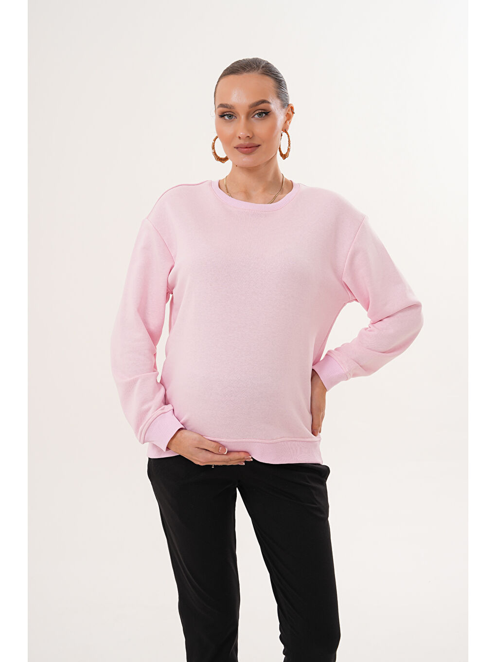 Pembe Bisiklet Yaka %100 Pamuk Hamile ve Lohusa Basic Sweatshirt-2