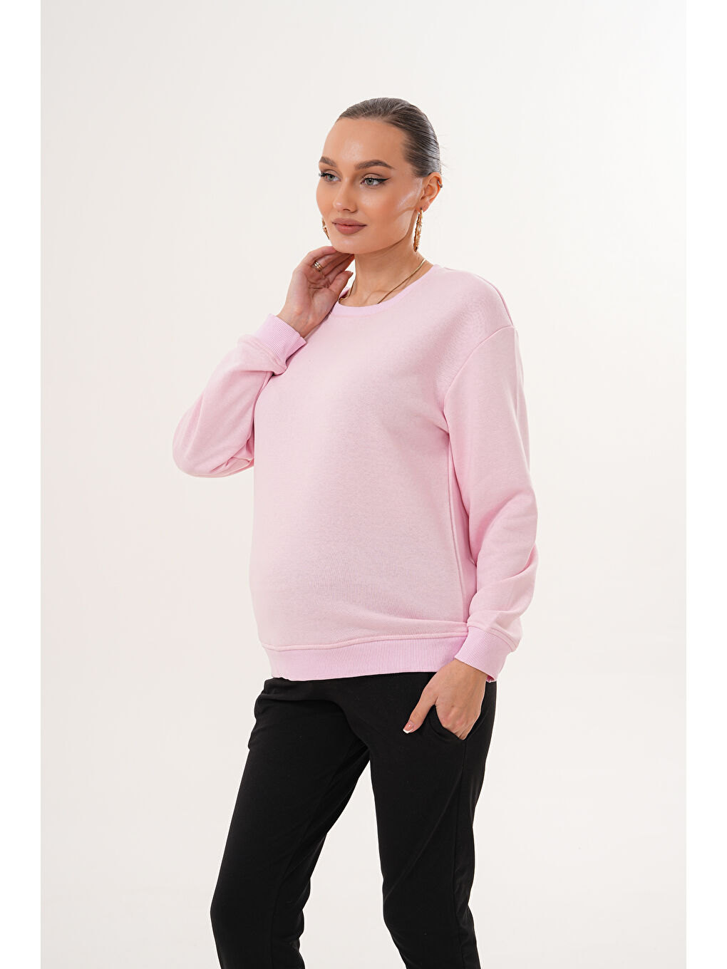 Pembe Bisiklet Yaka %100 Pamuk Hamile ve Lohusa Basic Sweatshirt-3