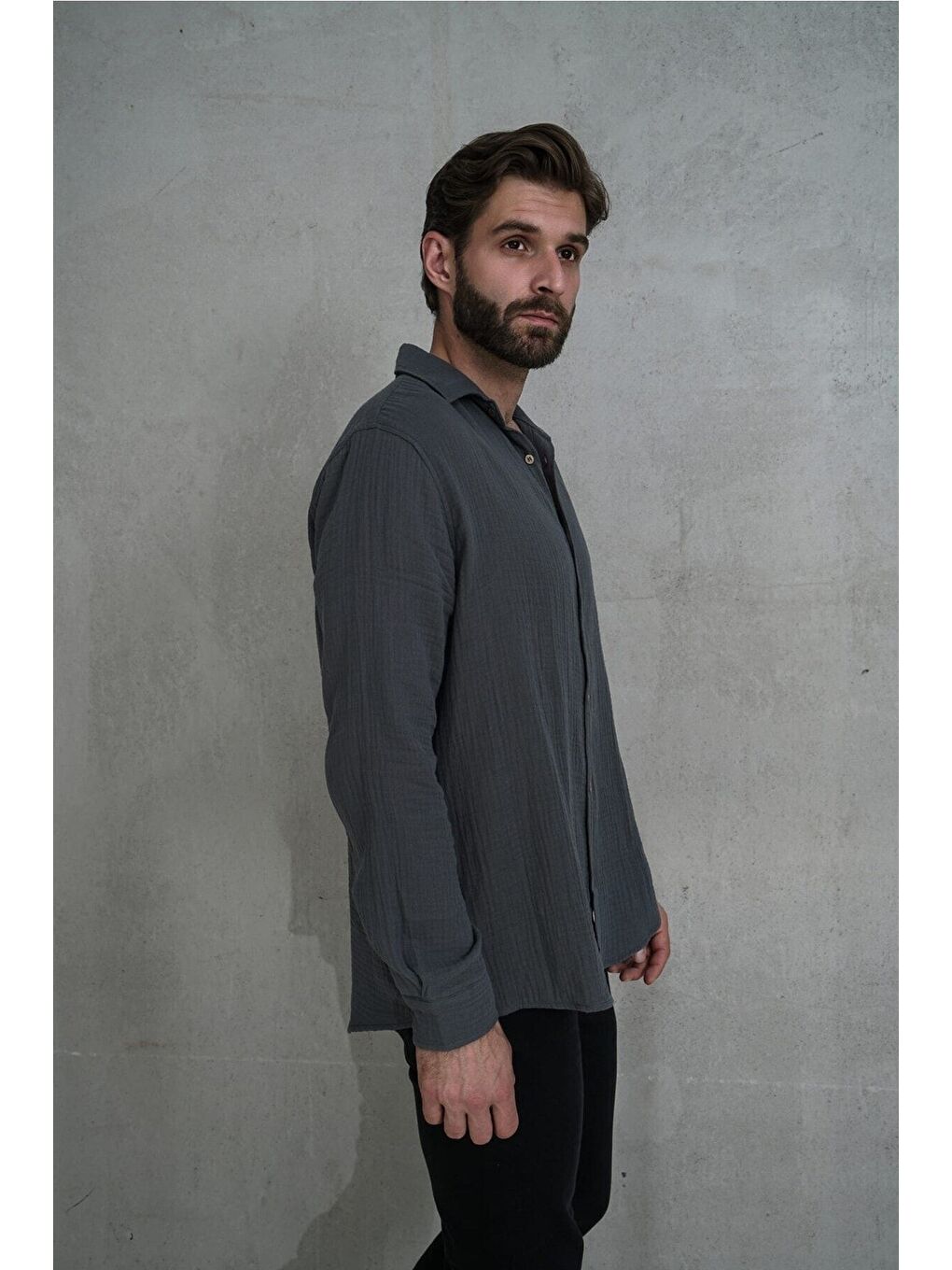 Herman Oversize Erkek Antrasit Müslin Gömlek-1