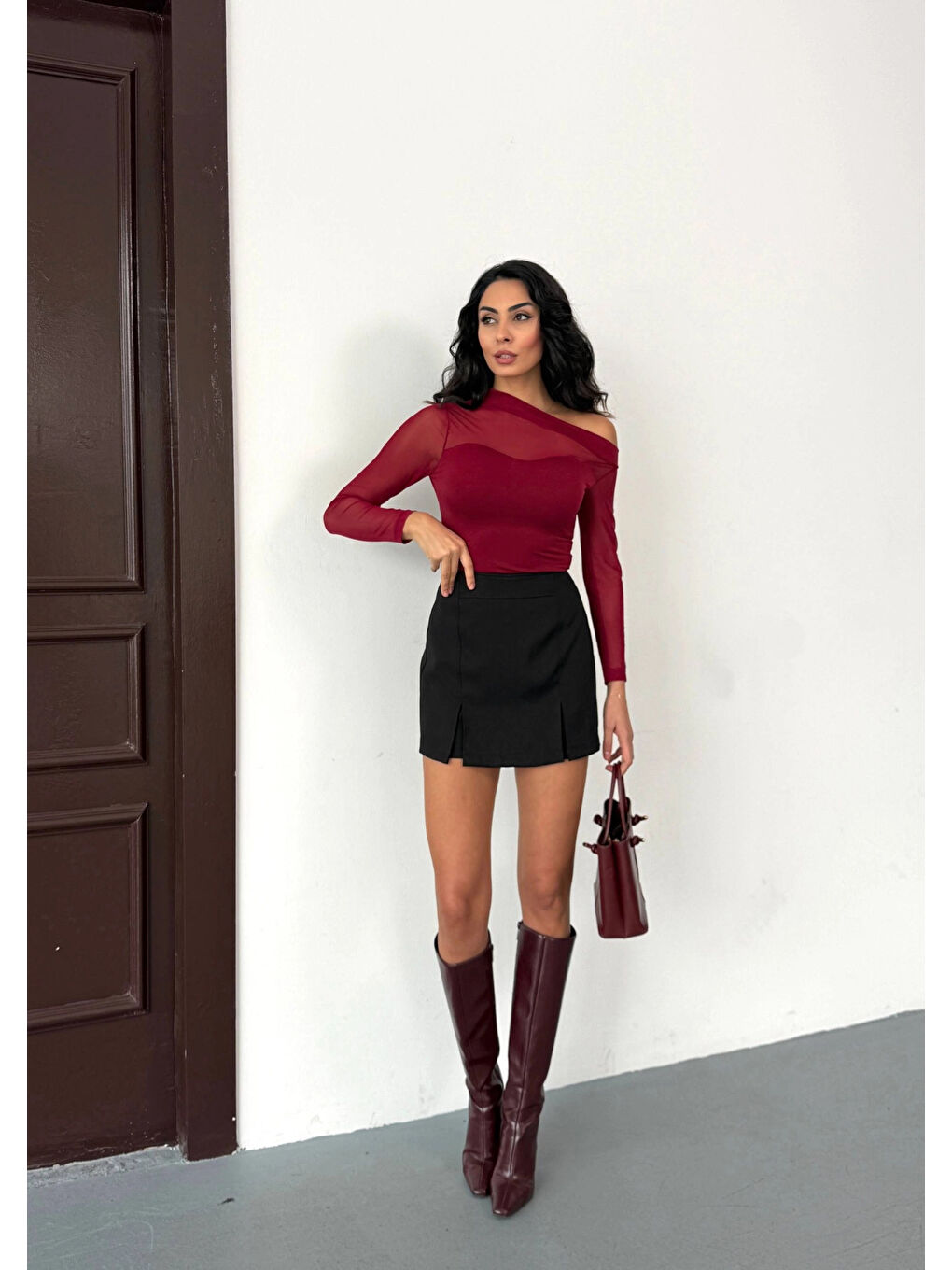 Kadın Bordo Tül Garnili Uzun Kol Rahat Bluz HZL25W-FRY123541-1