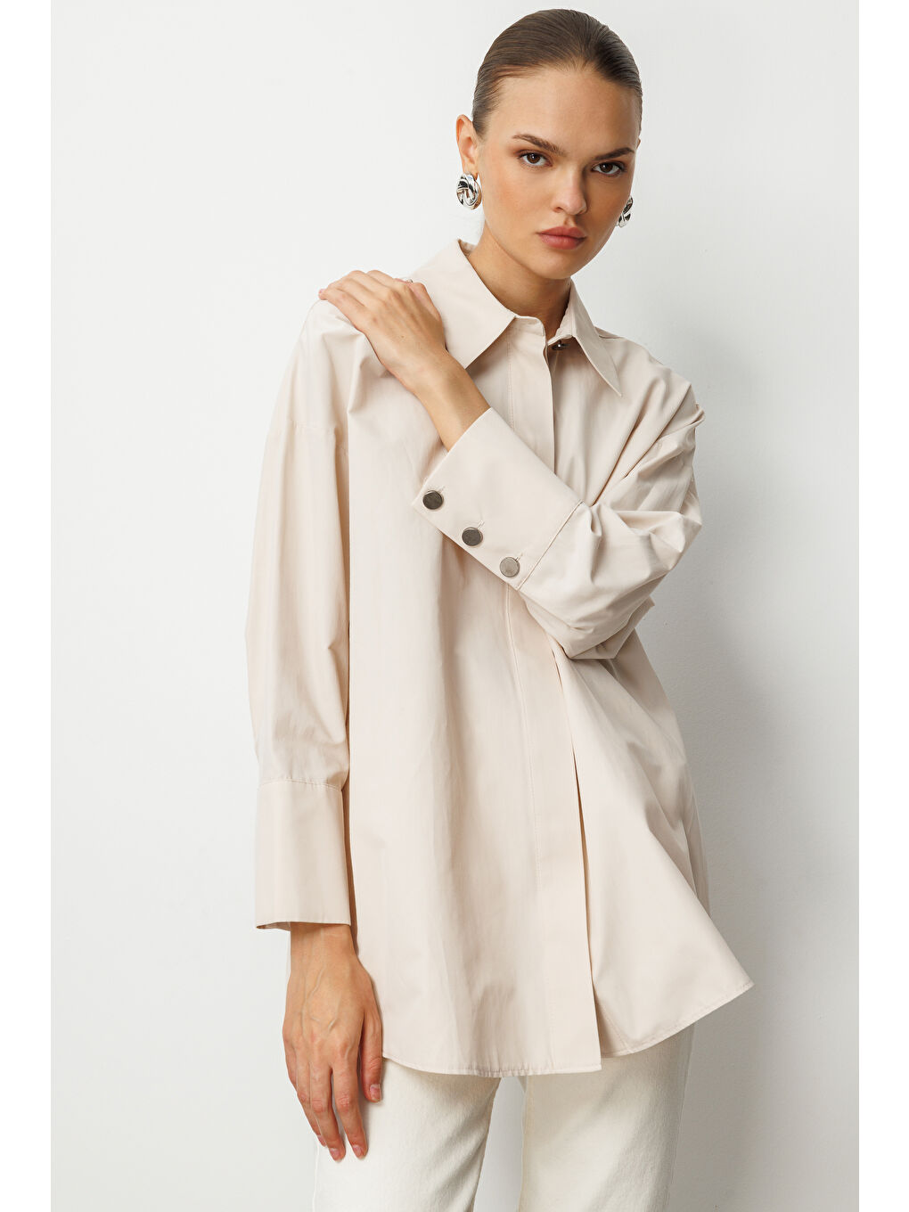 Bej Geniş Patlı Pamuklu Taş Rengi Tunik-4