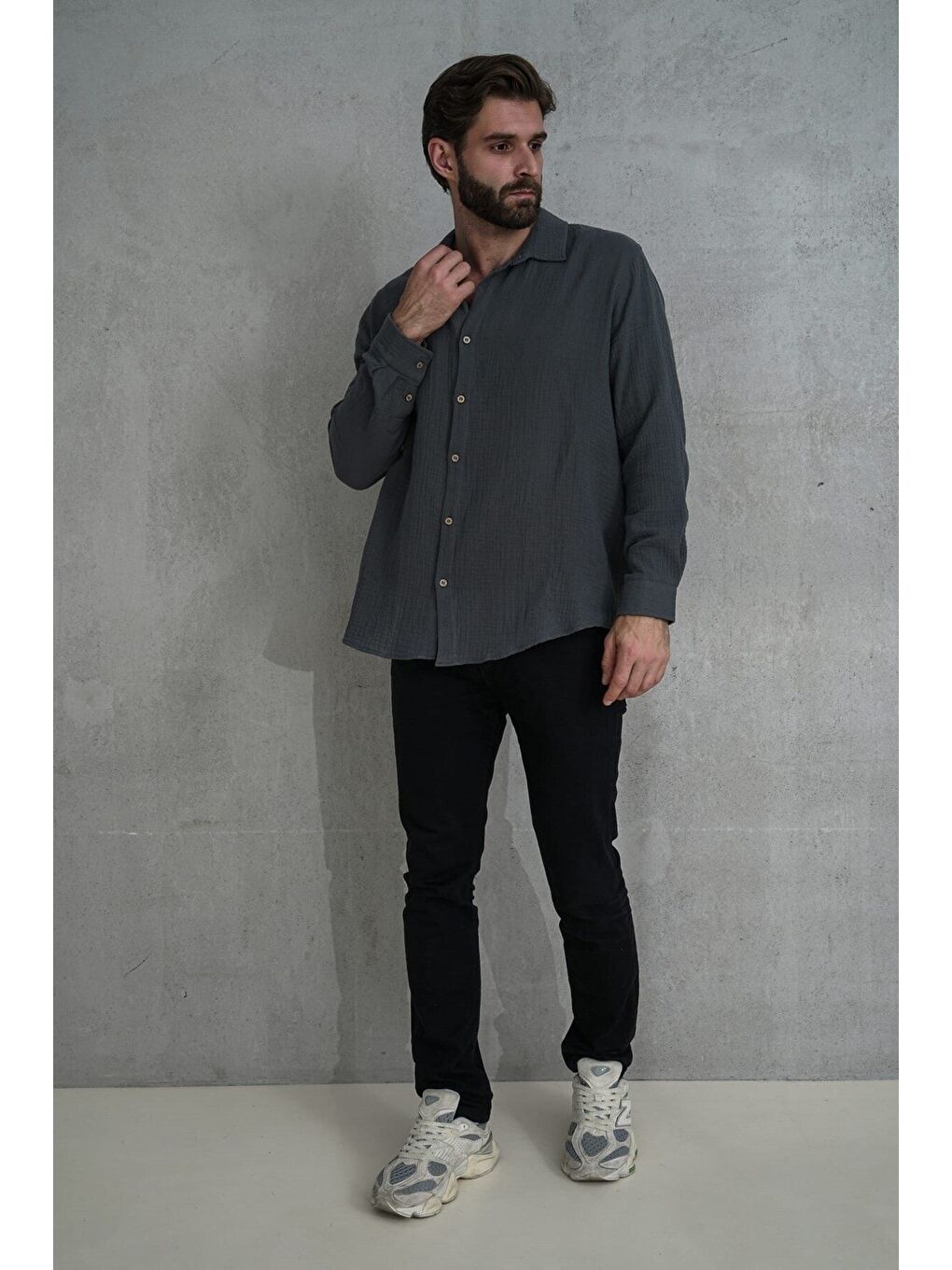 Herman Oversize Erkek Antrasit Müslin Gömlek-2