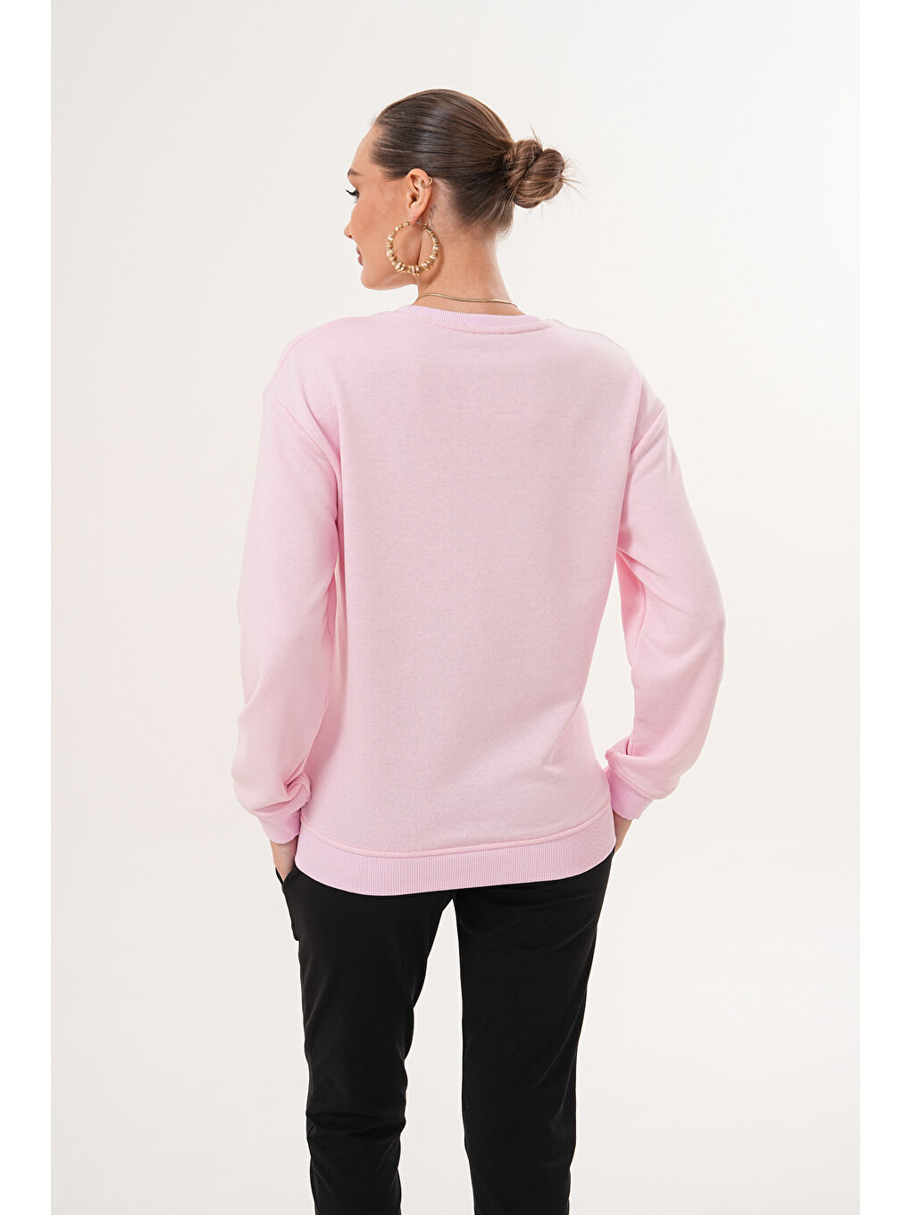 Pembe Bisiklet Yaka %100 Pamuk Hamile ve Lohusa Basic Sweatshirt-4