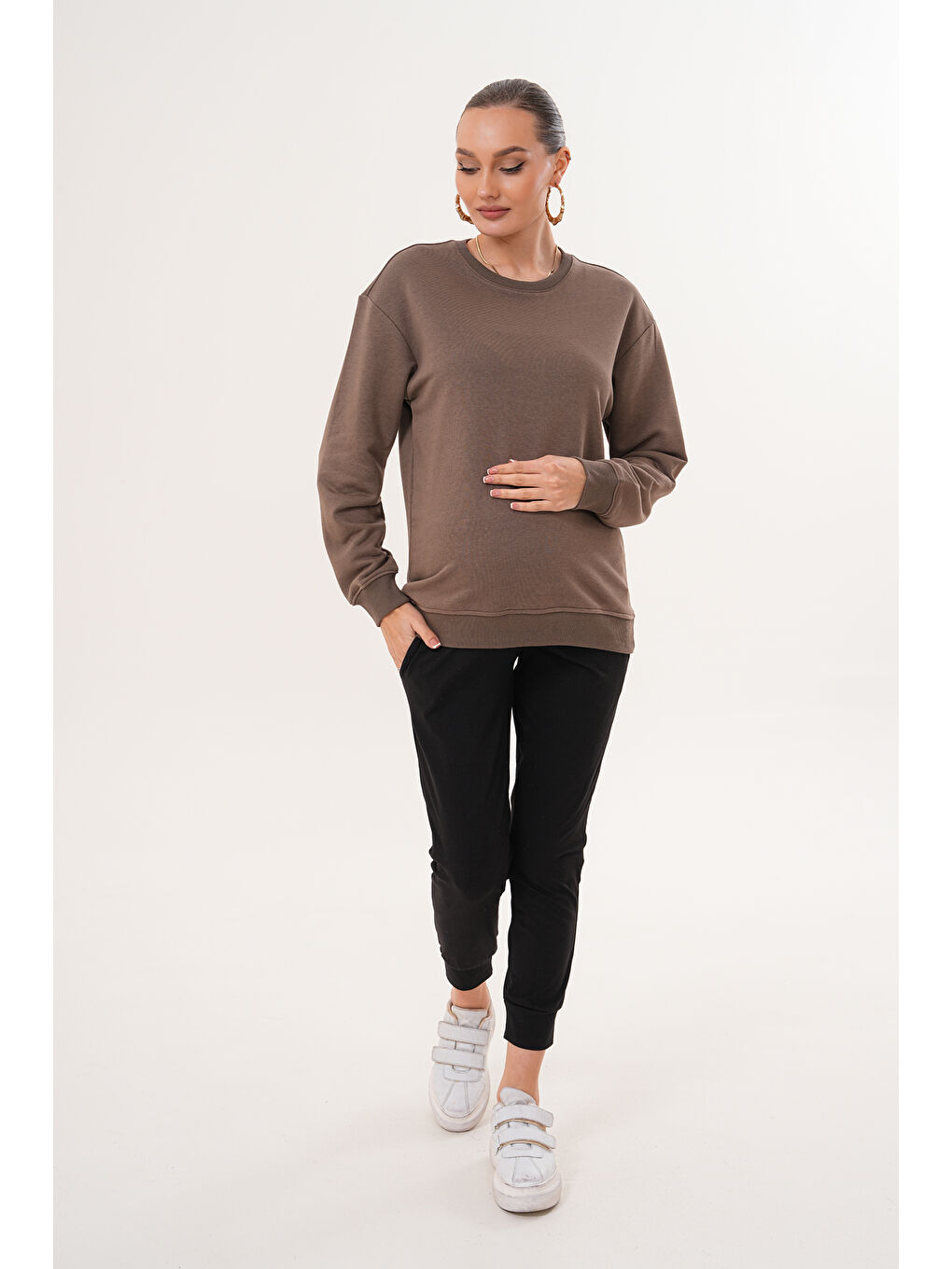 Kahverengi Bisiklet Yaka %100 Pamuk Hamile ve Lohusa Basic Sweatshirt
