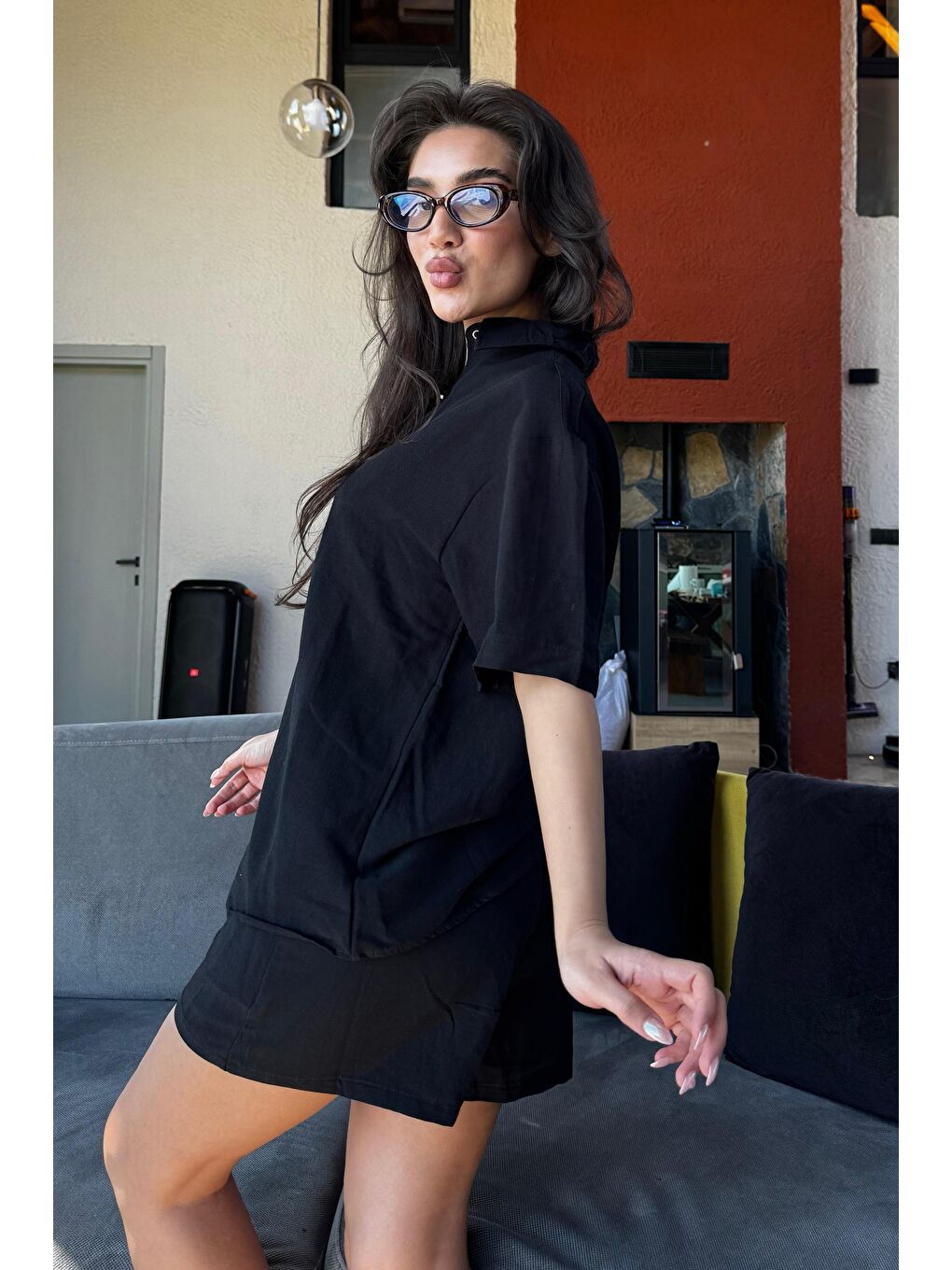 Siyah Basic Kadın Şort Gömlek Takım Mg2361-1