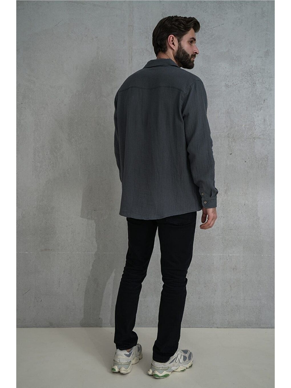 Herman Oversize Erkek Antrasit Müslin Gömlek-3