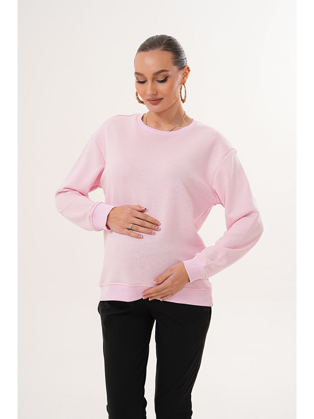 Pembe Bisiklet Yaka %100 Pamuk Hamile ve Lohusa Basic Sweatshirt-5