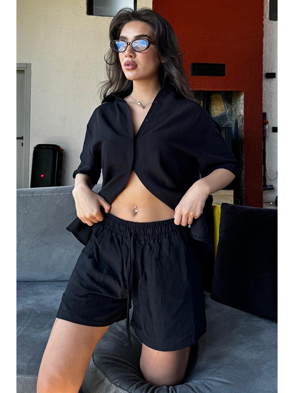 Siyah Basic Kadın Şort Gömlek Takım Mg2361-2