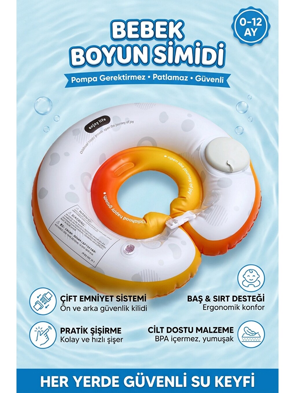 Karışık Kendinden Şişen Çocuk Yüzme Simidi Süngerli Çift Emniyet Kilitli Turuncu Simit