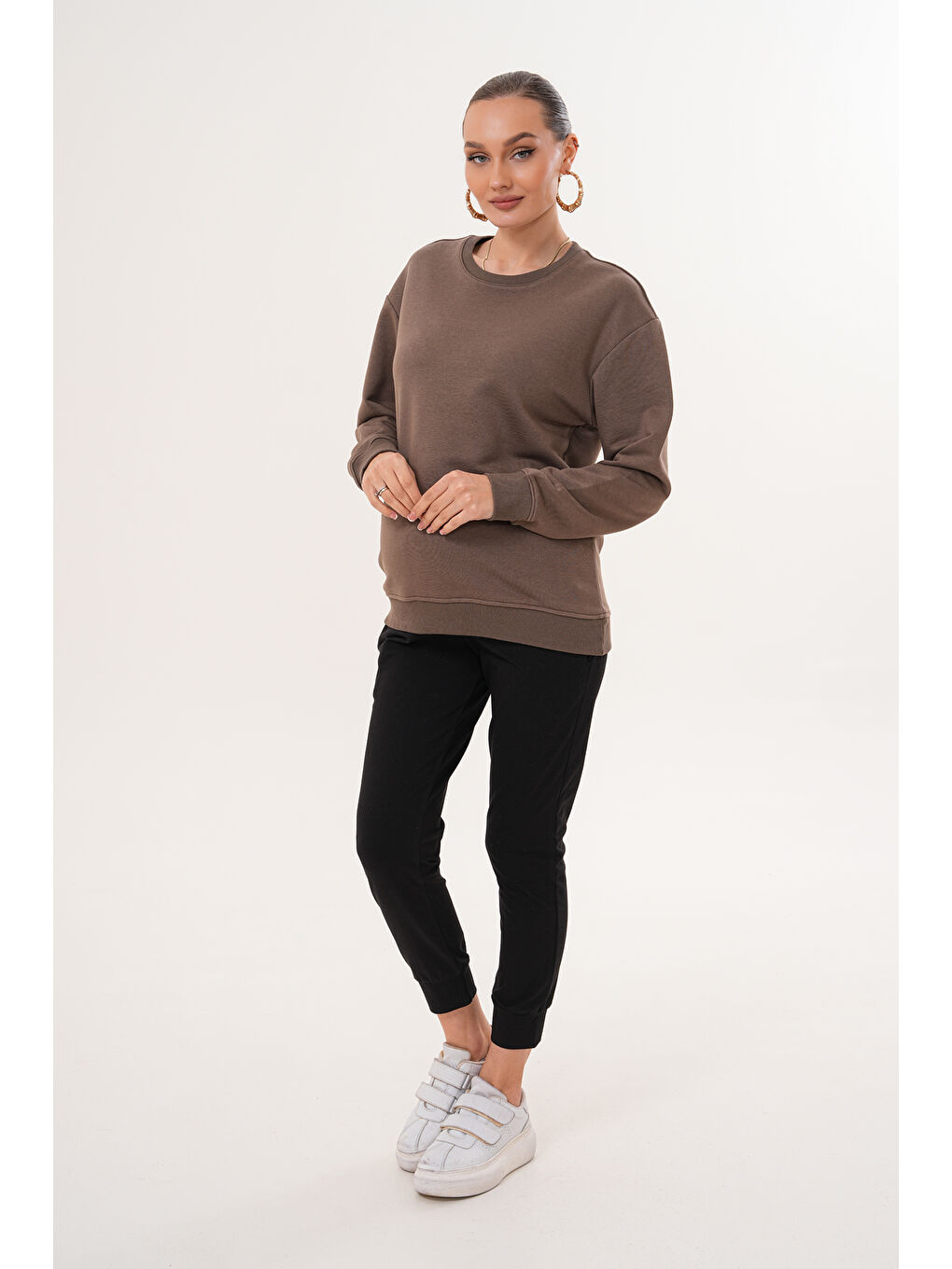 Kahverengi Bisiklet Yaka %100 Pamuk Hamile ve Lohusa Basic Sweatshirt-1