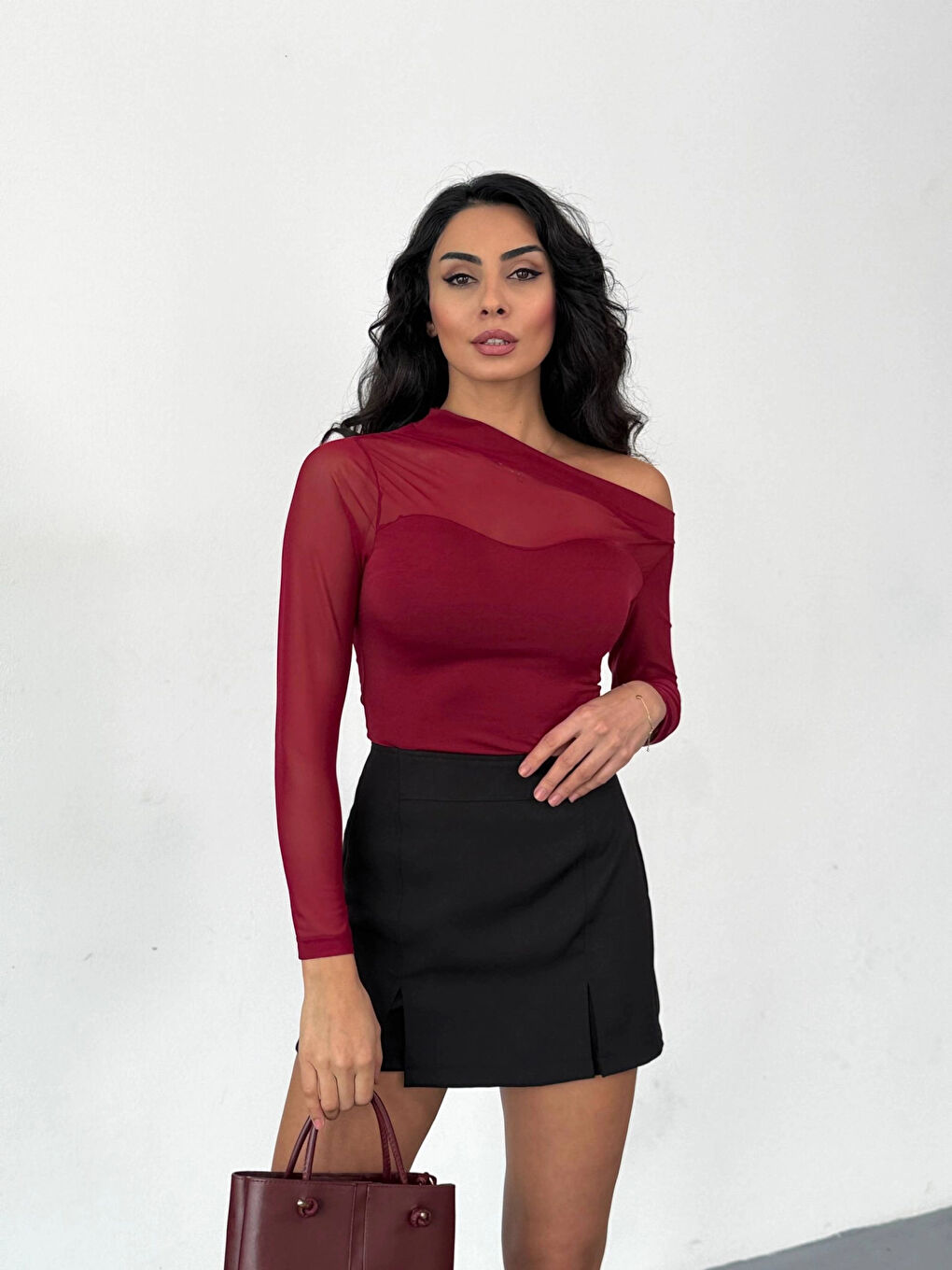 Kadın Bordo Tül Garnili Uzun Kol Rahat Bluz HZL25W-FRY123541-3