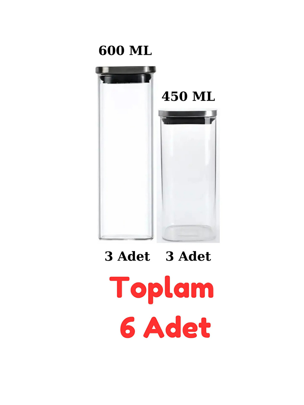 Renksiz Vakum Krom Kapaklı Kare Cam Kavanoz 6 Adet