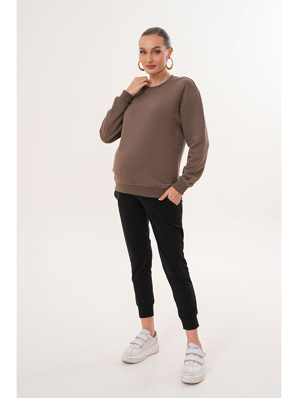 Kahverengi Bisiklet Yaka %100 Pamuk Hamile ve Lohusa Basic Sweatshirt-2