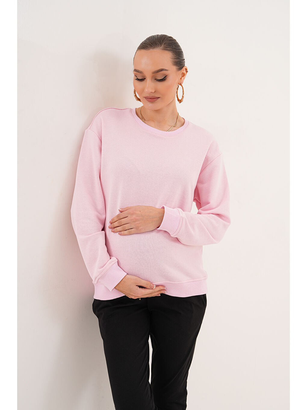 Pembe Bisiklet Yaka %100 Pamuk Hamile ve Lohusa Basic Sweatshirt-6