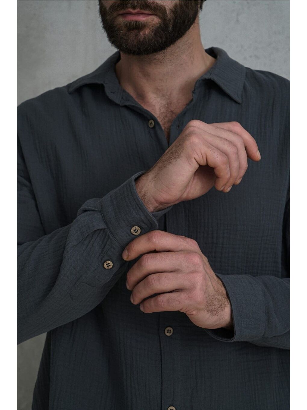 Herman Oversize Erkek Antrasit Müslin Gömlek-4