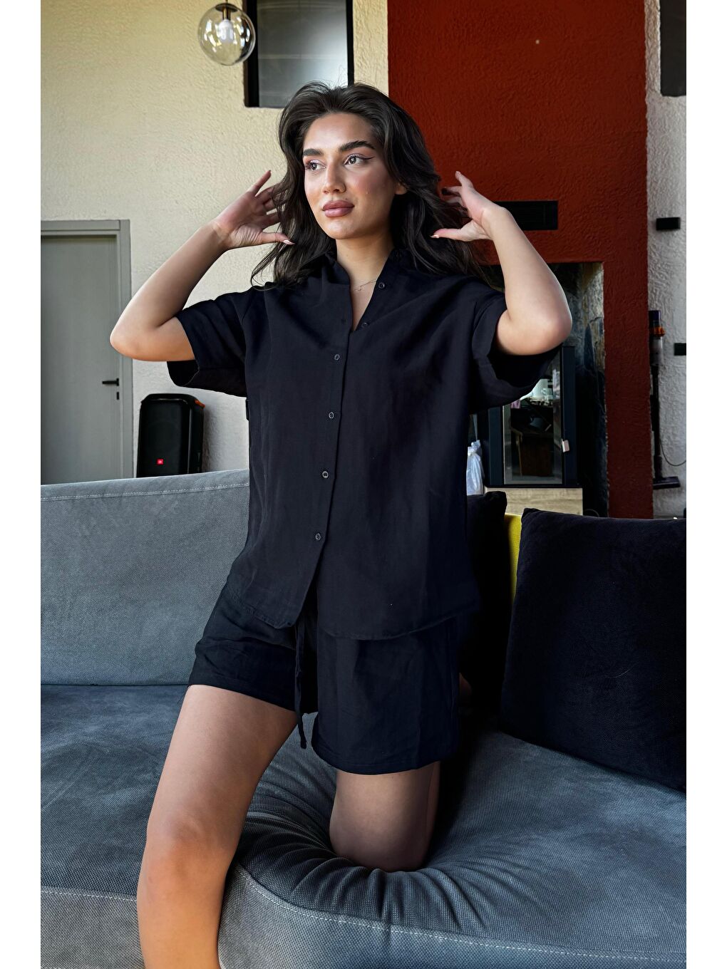 Siyah Basic Kadın Şort Gömlek Takım Mg2361-4